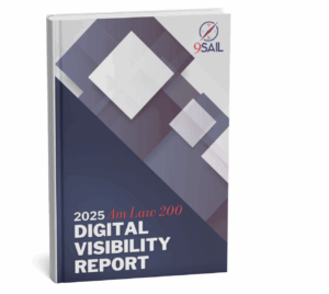 Mockup of a book titled "2025 Am Law 200 Digital Visibility Report," featuring the 9Sail logo on a geometric, modern cover design—an essential resource for law firm digital visibility.